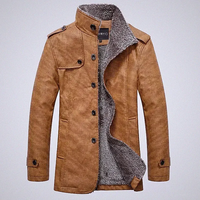 Mantel Kurz Elegante Jacke Herrenmode Leder Kunststoff Beige Brown 112328