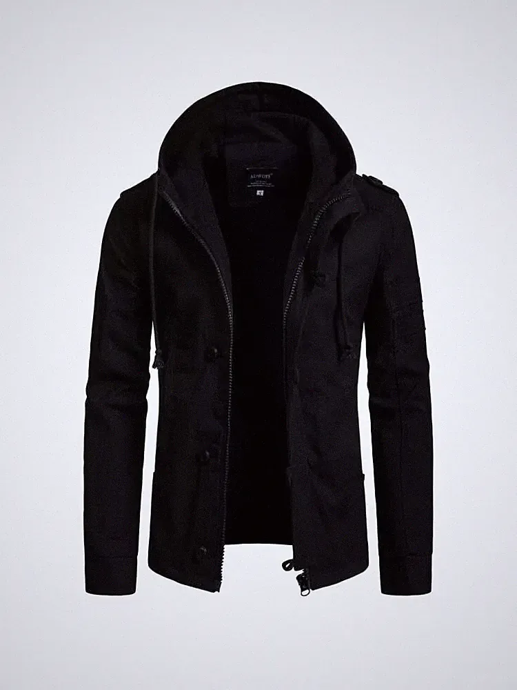 Mantel Kurz Jacke Elegant Mode Herren Slim Fit Schwarz Abzugshaube Cargo 070807