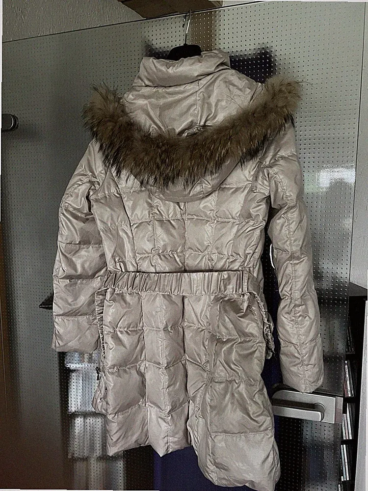 Mantel Wintermantel Daunen Echtfell Pelz Kapuze Beige S 36