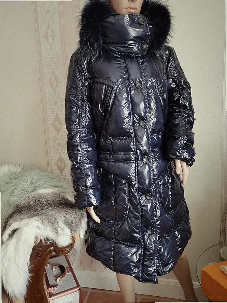 MARC CAIN Daunenmantel MANTEL Coat Daunen LACK Glanz Blau N5 42 XL Wintermantel