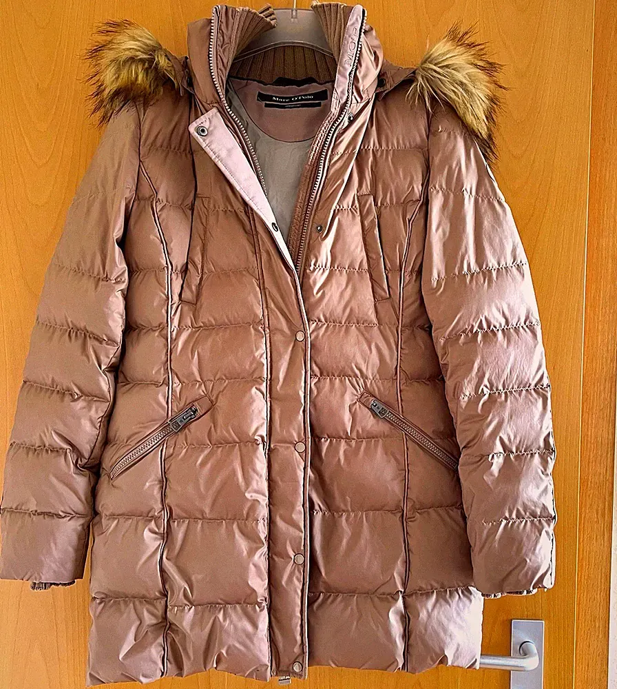 Marc O'Polo Damen Daunenjacke Downfilled Gr. 36 Beige mit Kapuze Fellbesatz