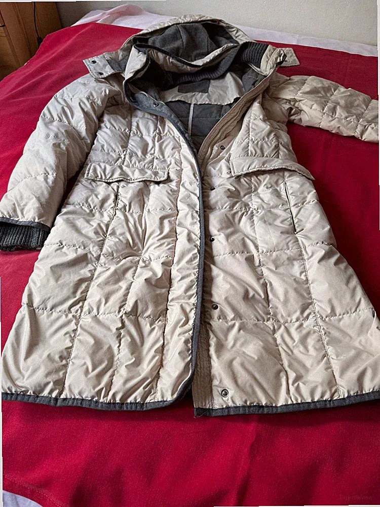 Marc O'Polo Damen Steppmantel beige/grau Gr. 36 lang Kapuze Fellbesatz RV