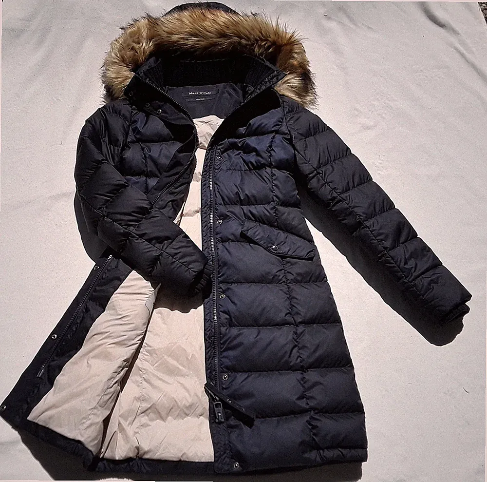 Marc o Polo Daunen-Mantel 34 blau Fell-Kapuze winter warm Daunenmantel wie neu