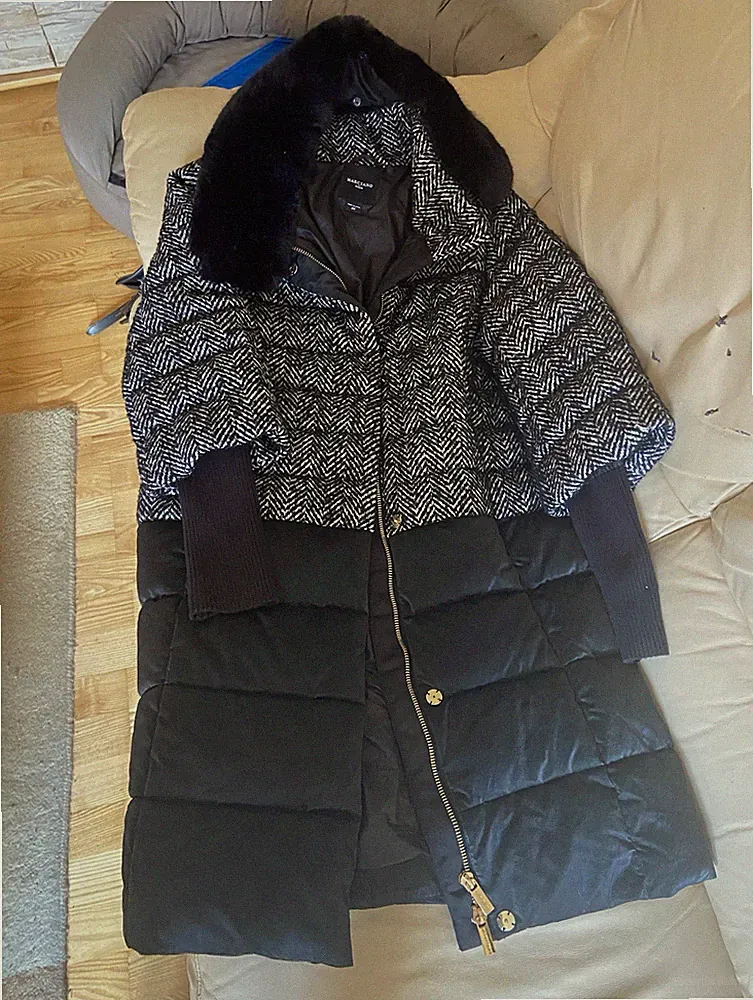 Marciano by Guess Damen Daunenmantel lang Fellbesatz Fischgrät 44 schwarz/weiß