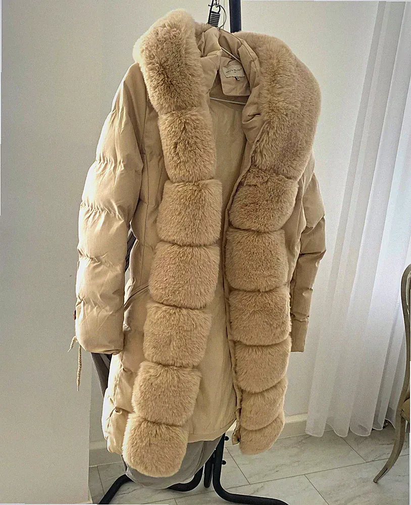 Melya Melody Damen Daunenmantel lang Beige Kapuze Fellbesatz Gürtel 2XL