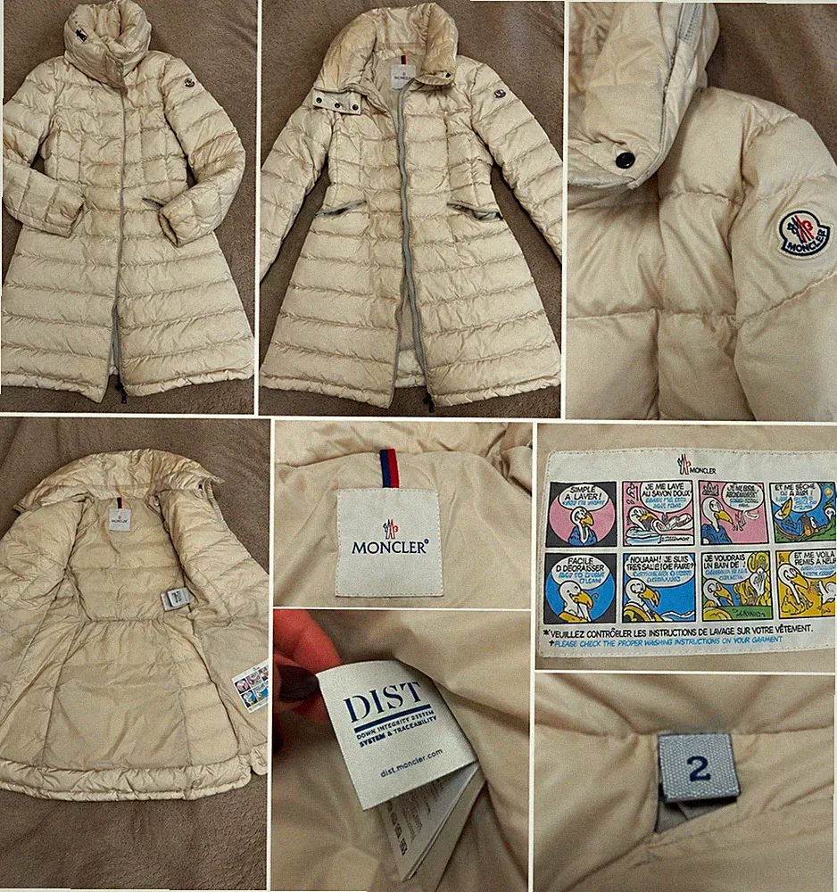 Moncler Damen Daunenmantel lang beige, Kapuze, Reißverschluss, Gr. S