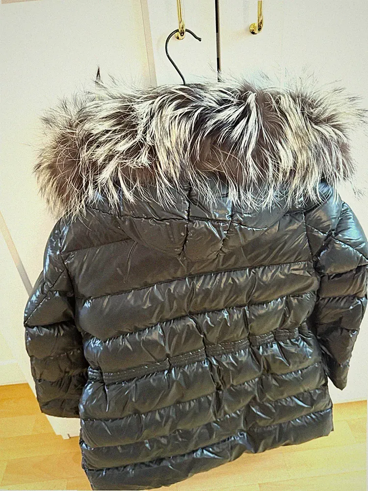 Moncler Damen Daunenmantel Petrol Gr. S/M halblang Nylon Kapuze Fell Reißv.