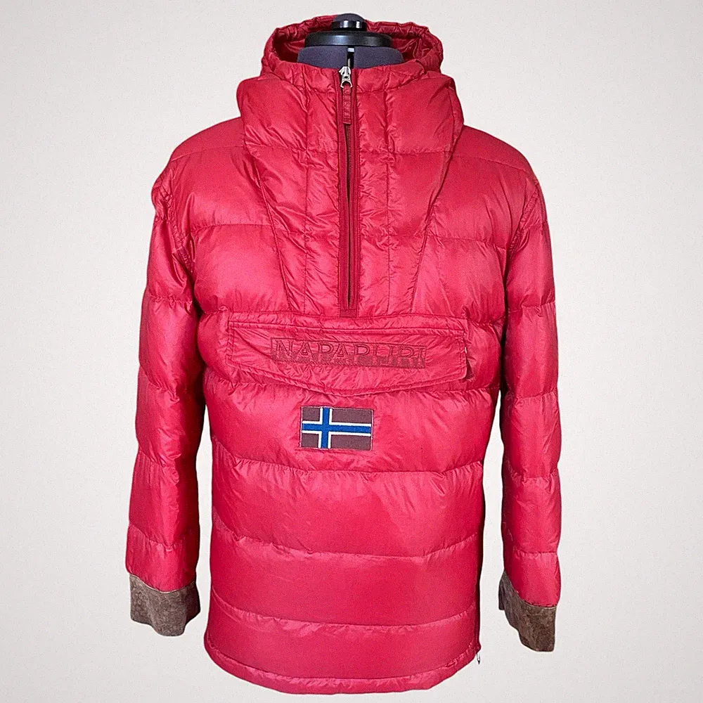 Napapijri Daunen Pullover Jacke Rot Leder Bündchen Kapuze Packaway Damen UK10