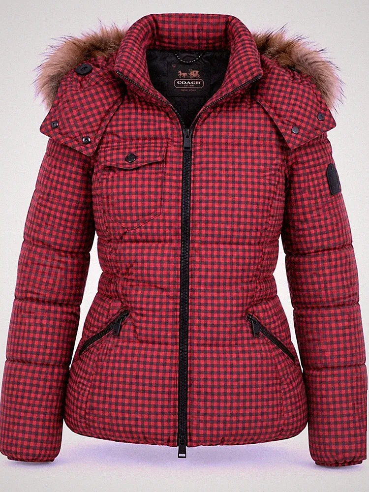 NEU COACH Damen Rot Daunen Karomuster Kapuze Gestept Mantel Jacke L M XXS S $570