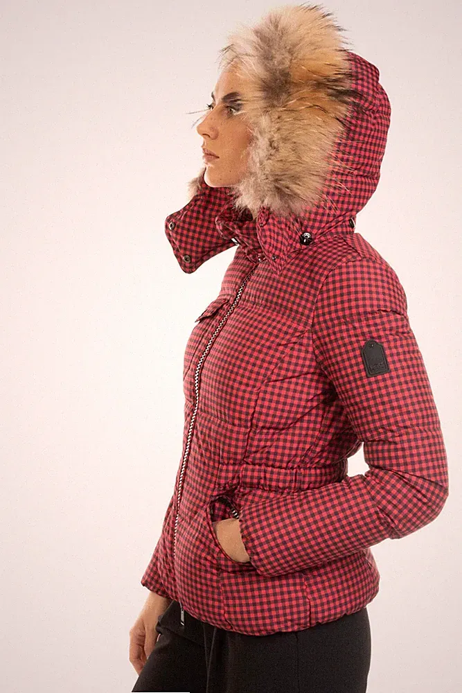 NEU COACH Damen Rot Daunen Karomuster Kapuze Gestept Mantel Jacke L M XXS S $570