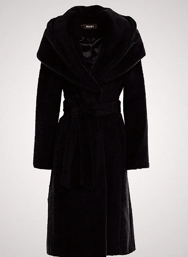 NEU DKNY Damen Schwarz Wolle Alpaka Mishung Wickel Mantel 18 48 50 2XL XL $550