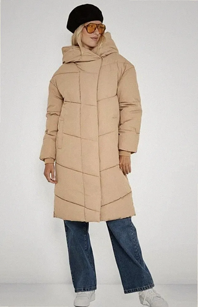 Neu Noisy May Mantel Lange Winterjacke Daunenjacke Steppjacke Größe S 36 Beige