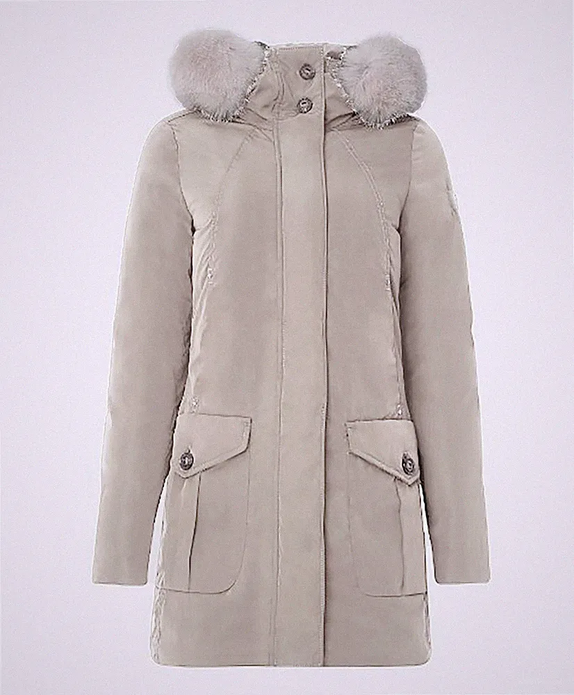 NEU PEUTEREY Damen Grau Daunen Fuchspelz Kapuze Puffer Parka Mantel Jacke S $680