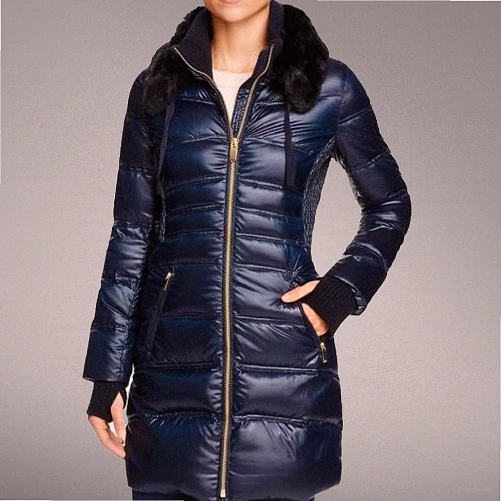 NEU VIA SPIGA Damen Blau Marine Daunen Gesteppt Lang Canada Puffer Mantel L $350