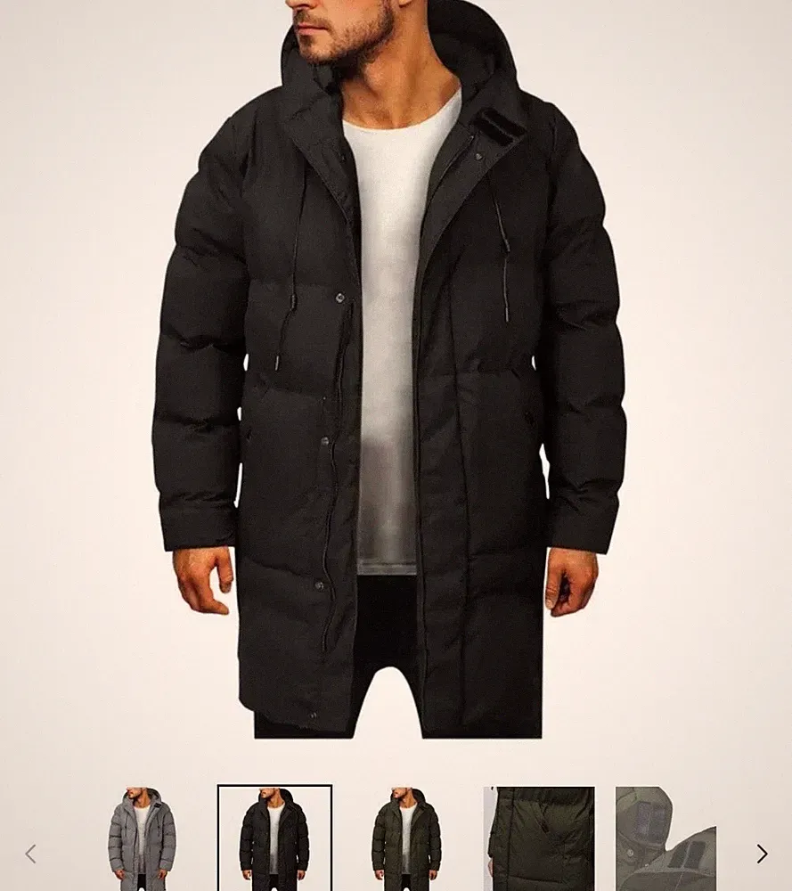 Neue lange Daunenjacke Herren Schwarz L – Warmer Wintermantel mit Kapuze