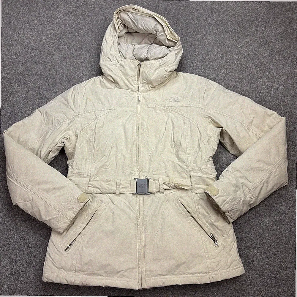 North Face Jacke Damen Medium Creme Puffer Gänsedaunen Hyvent Kapuze Mantel...