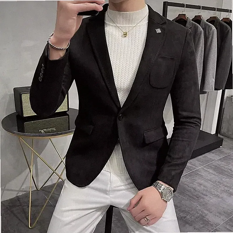 NX73BL Herren Slim Fit Blazer Jacke Schwarz Elegant Optik Wildleder