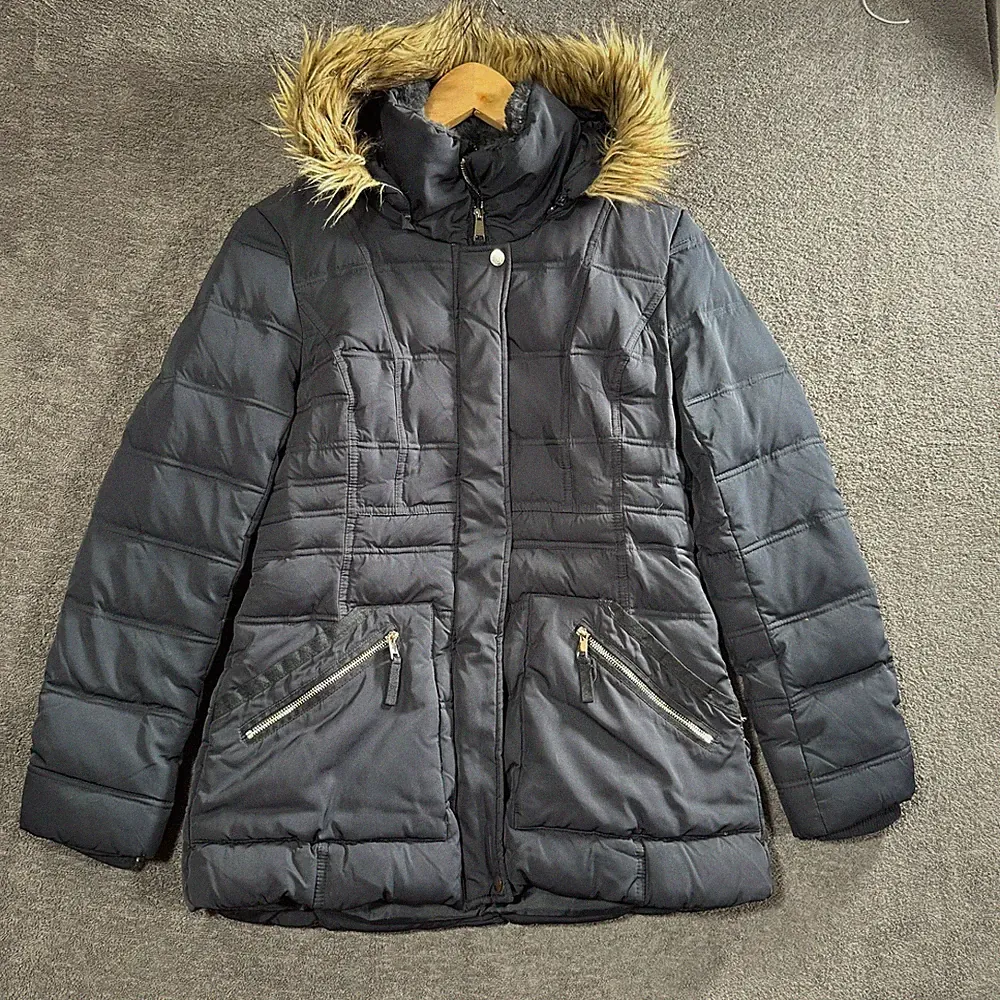 Orsay Damen Daunenjacke Mantel Gr. 40 Dunkelblau Steppjacke Kapuze Winter Daunen
