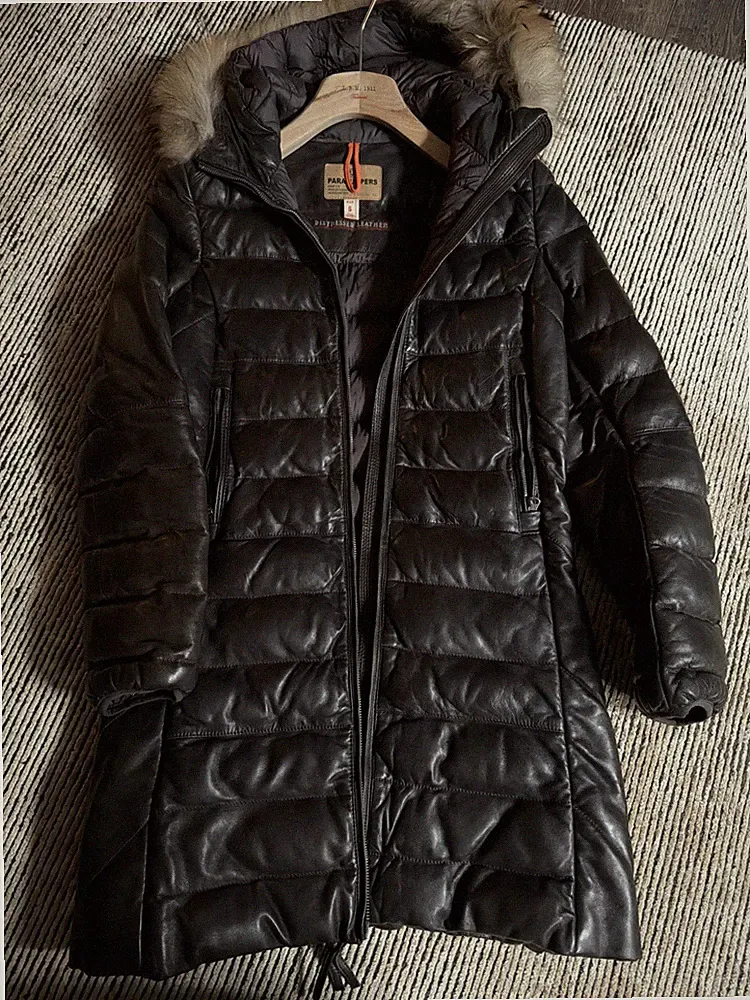 Parajumpers Damen Daunenmantel Jacke Echtleder Schwarz Gr S mit Echt-Pelz-Besatz