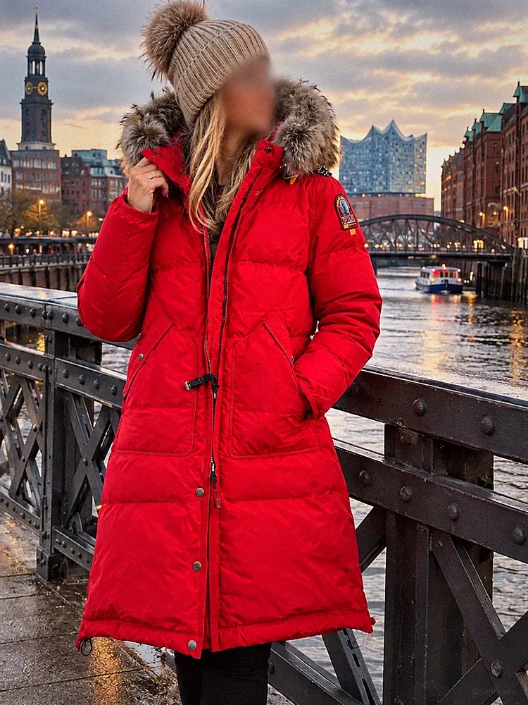 Parajumpers Damen Daunenmantel lang rot mit Kapuze Reißverschluss Gr. S
