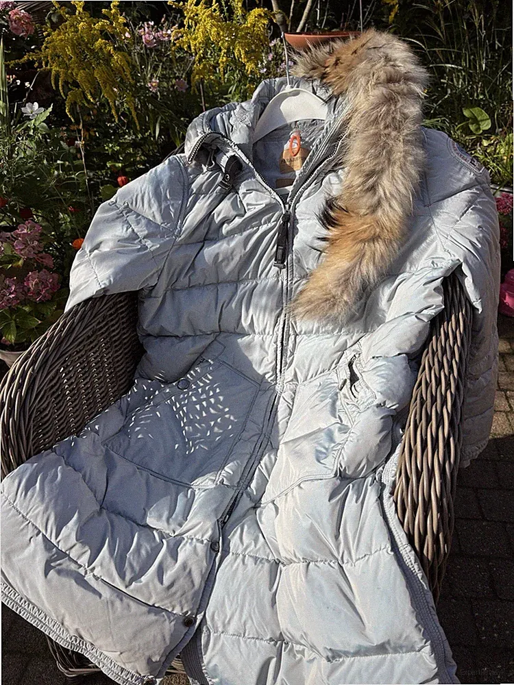 Parajumpers Damen Daunenmantel Parka lang hellblau XXL Kapuze Fell Reißv.