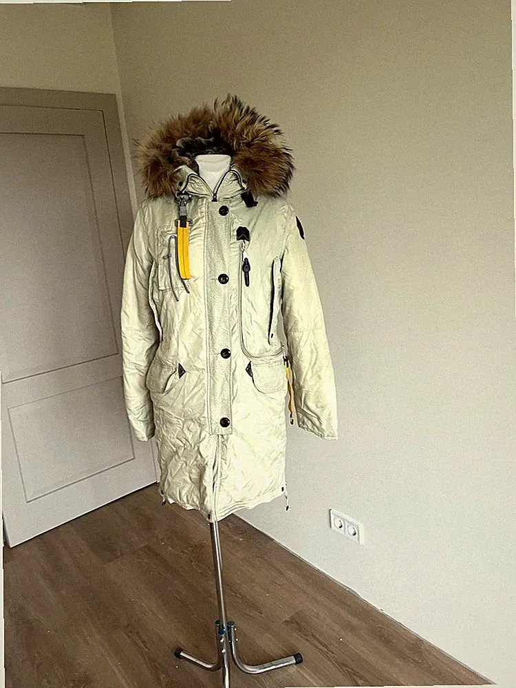 Parajumpers Damen Winter Parka Mantel Daunen beige Fellkapuze Slim S