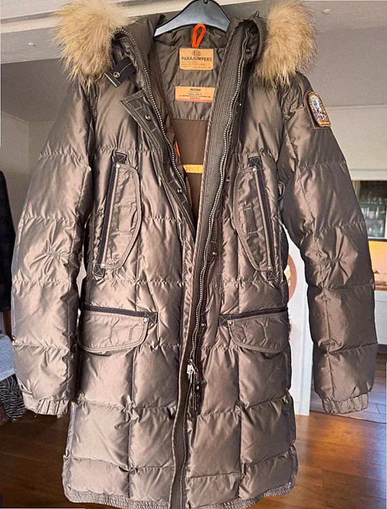 Parajumpers PJS Daunenmantel Grau Kapuze Fellbesatz Slim Fit Lang Gr. M