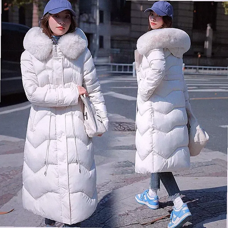 Parka Daunenjacke Mantel Damen Synthetik Kapuze Weiß Lang Gepolstert 87896