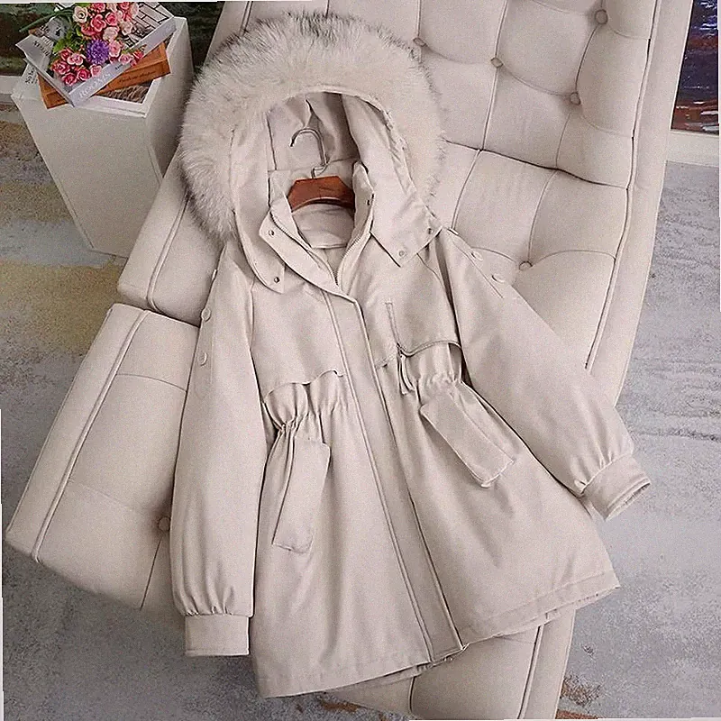 Parka Daunenoptik Damen Mantel Jacke Synthetik Kapuze Beige Gepolstert 83858