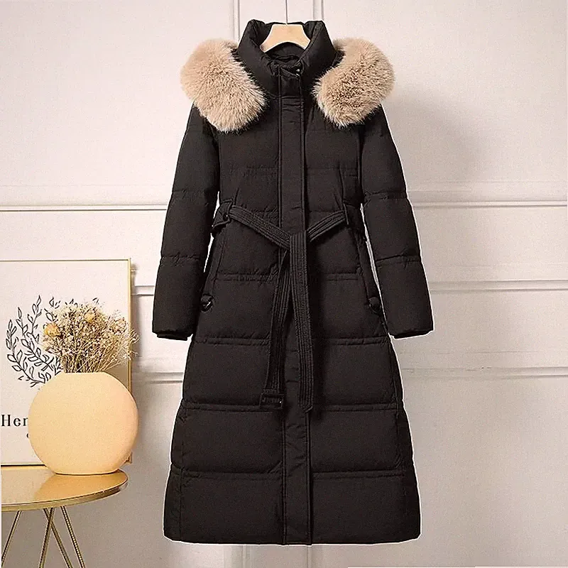 Parka Daunenoptik Piumino Damen Mantel Winterjacke Schwarz Kapuze Gürtel 87282