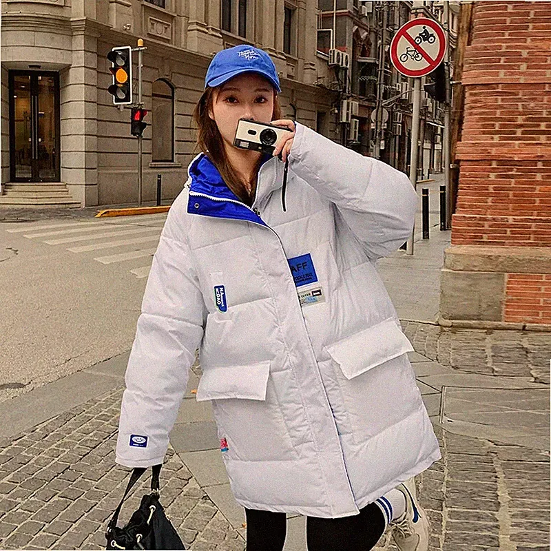 Parka Daunenoptik Synthetik Reversibel Langer Mantel Blau Weiß Kapuze 41452