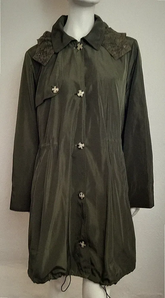 PERSONA by MARINA RINALDI Mantel Regenjacke 44 46 Grün Kapuze Spitze Langarm