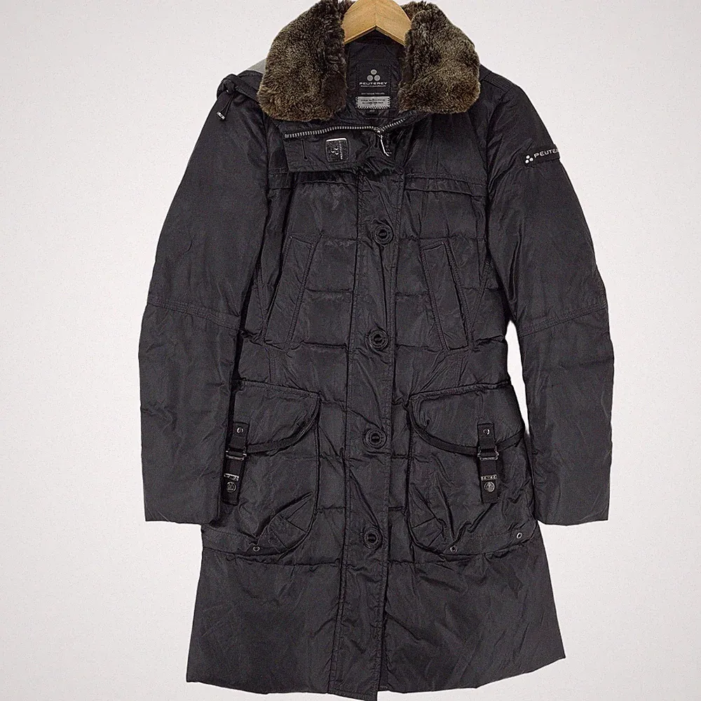 Peuterey Daunenmantel Schwarz Kapuze Lang Padded Jacke Damen Qw2 Größe 40
