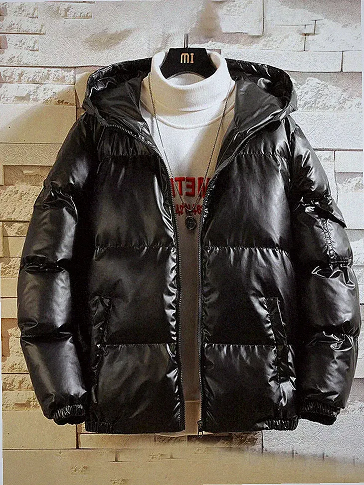 Piumino Bomber Herren Schwarz Glänzend Mit Kapuze Sportlich Winter 10374N