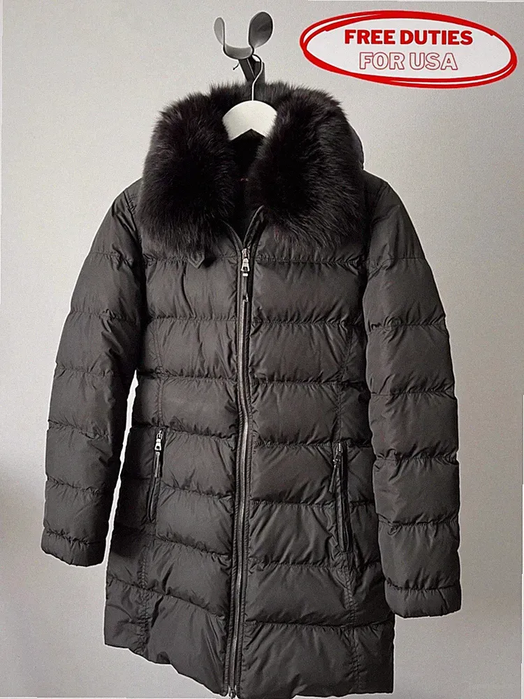 Prada Damen Schwarz Daunen Puffer Lange Nylon Jacke Mantel Mit Kragen IT 40 / S