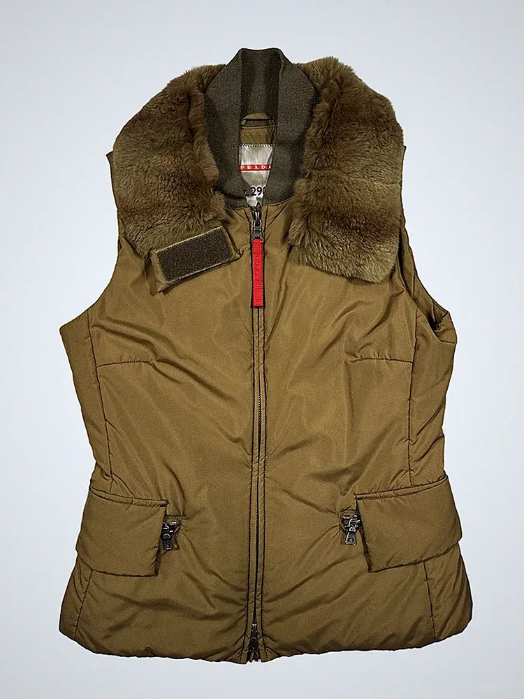Prada Nylon Pelzkragen Weste - Größe 44 IT - passt Größe M