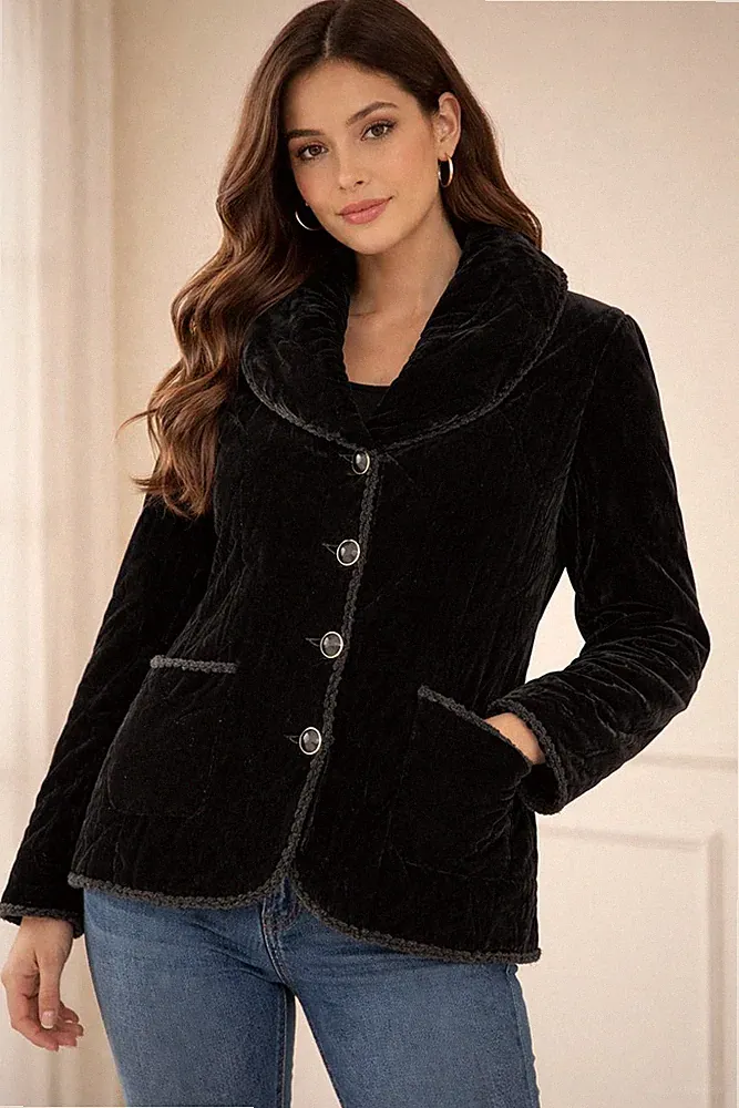 PROMO! Wunderschöner Damen Mantel Liola Sport Samt schwarz 100% Seide Größe L