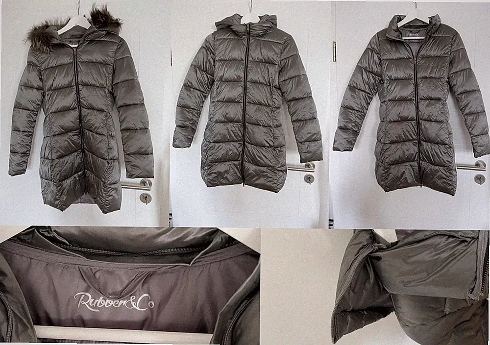Puffer Jacke Mantel Steppmantel Grau Daunen Kapuze Fell abnehmbar Reißverschluss