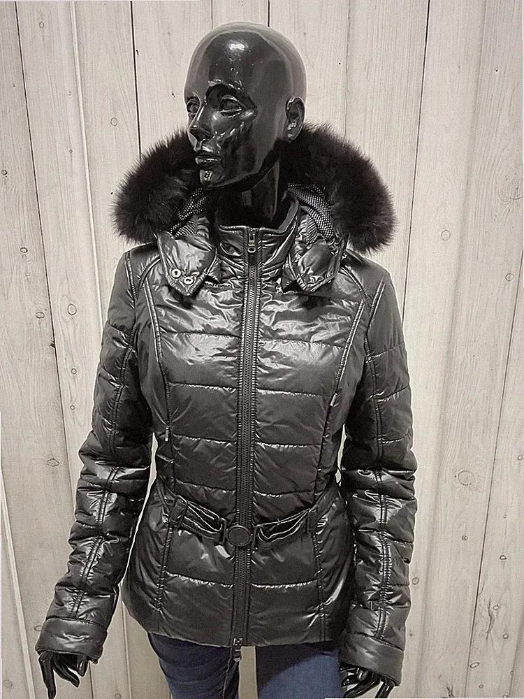 Refrigiwear Damen Daunenjacke schwarz glänzend Gürtel Kapuze Fell Größe XL / 48