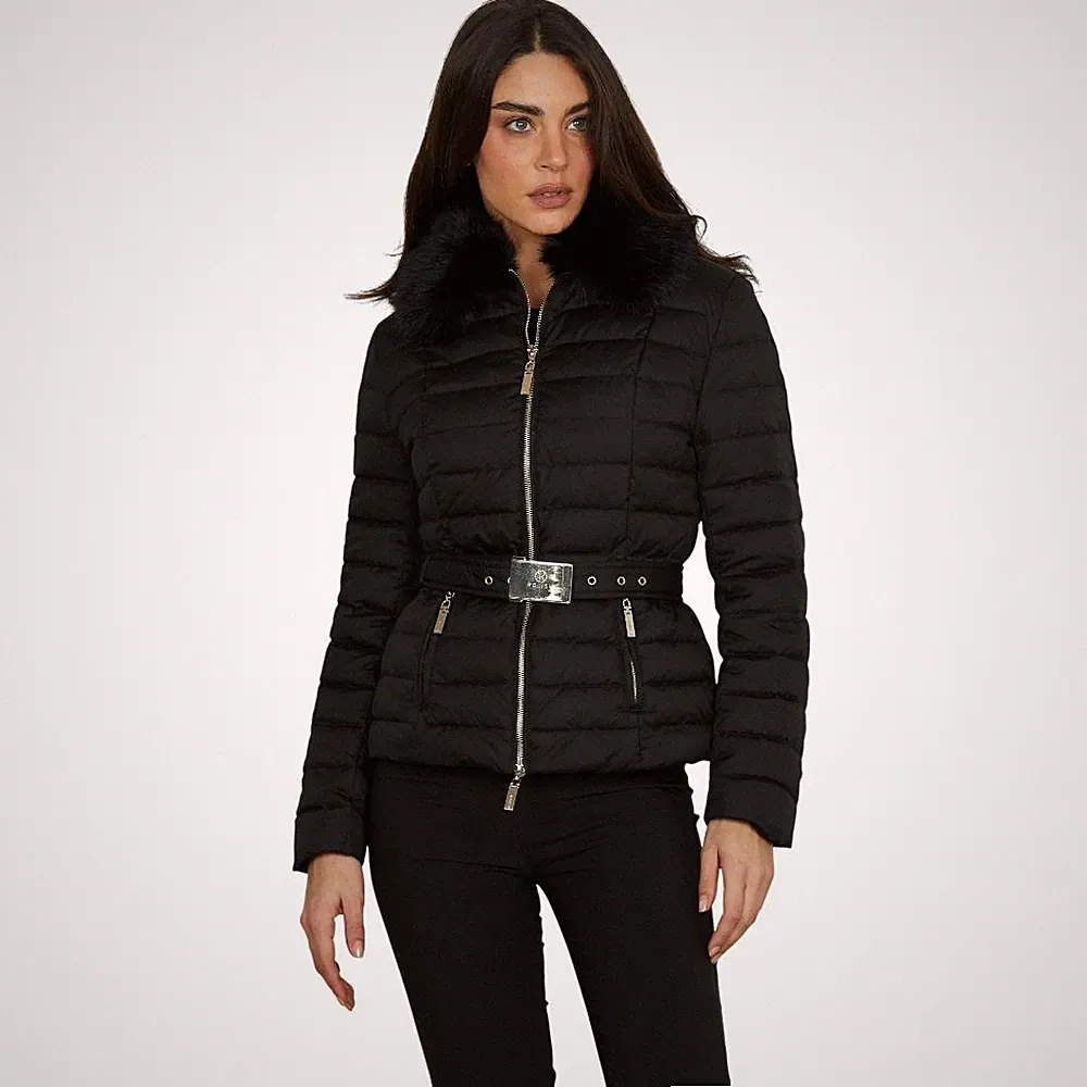 Relish Daunenjacke schwarz Kunstlederkragen und Gürtel GYALAR RDA2505009012