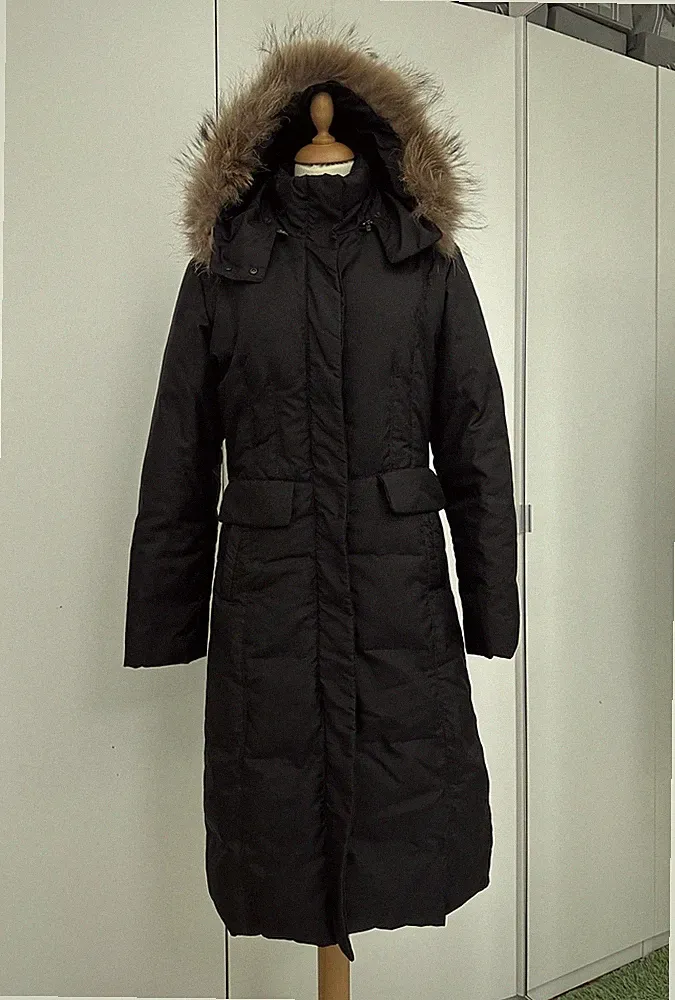 RENE LEZARD Daunen Mantel Gr.34 schwarz Daunen Jacke Lang Echtfell Kapuze Fell