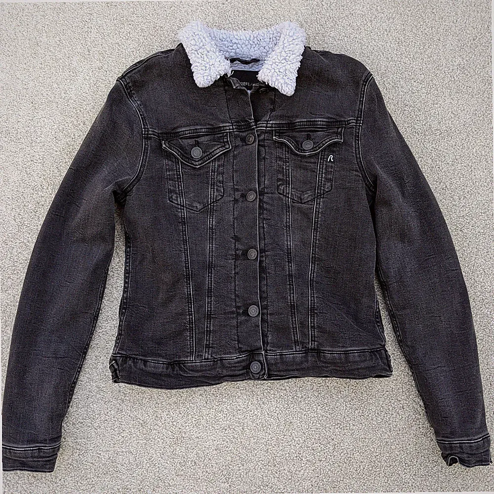 REPLAY Damen schwarze Jeansjacke Borg Sherpa Fleece gefüttert Trucker Mantel Damen S