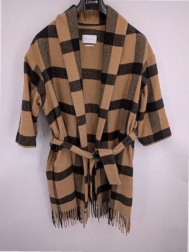 Reserved Damen karierter Mantel mit Gürtel S hellbraun Fransensaum Wollmischung