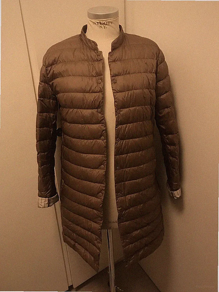 Schicke Lange Daunenjacke Steppjacke Braun Beige Mantel Grösse L Jacke WM16