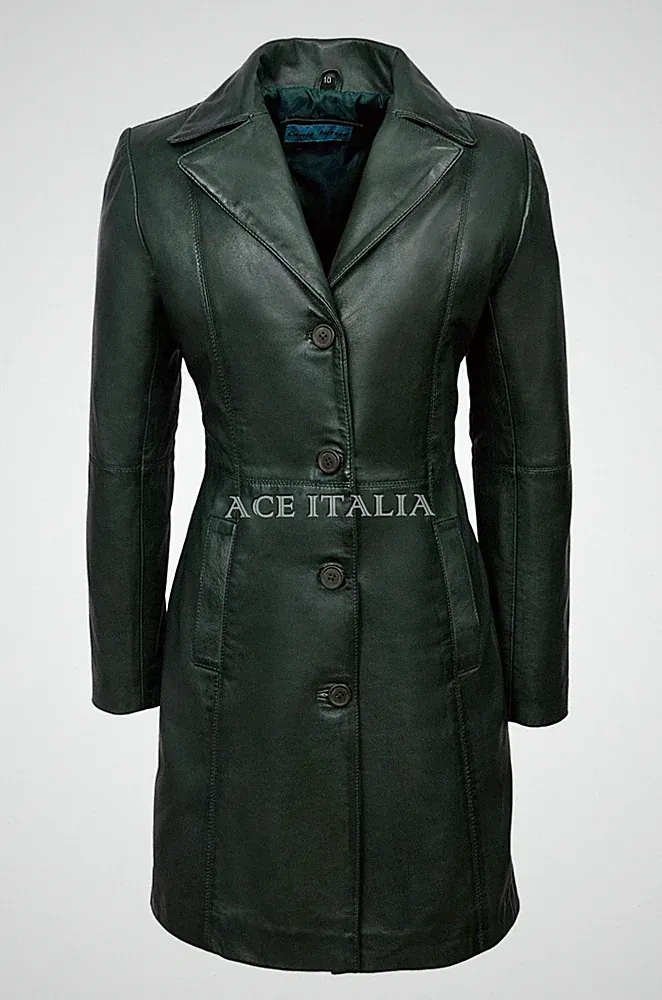 Schicker Stil Damen grüner klassischer Trench mittellanger Designer Ledermantel 3457