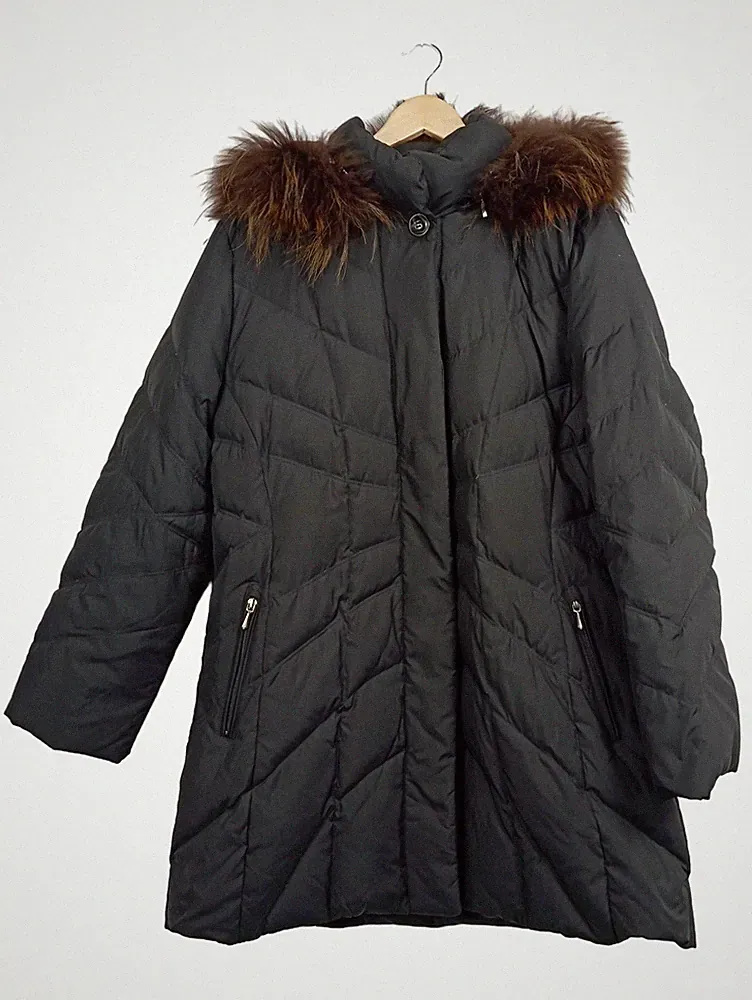 Schneiders Daunenmantel Damen Gr. 42/XL Schwarz Winterjacke gesteppt Kapuze Fell