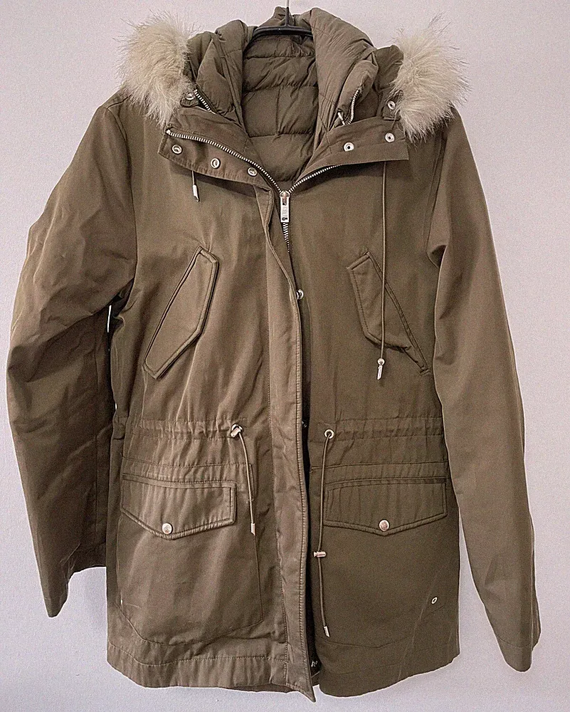 Schöner warmer 3 in 1 Daunen-Parka Jacke Mantel Kapuze Fellkragen ZARA olive M