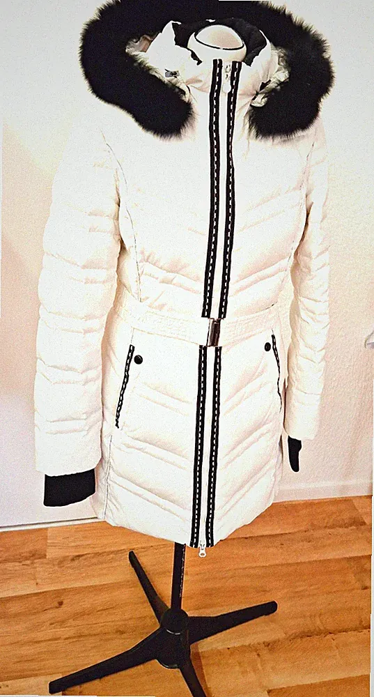 Snowimage Damen Daunen Steppmantel Weiß/Schwarz Gr. L lang Kapuze Fell Gürtel
