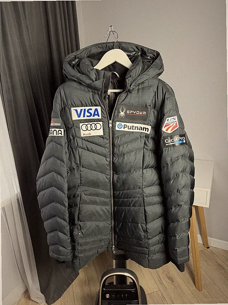 Spyder US Ski Team Daunenjacke XL grau Kapuze Puffer Mantel Audi Visa GoPro