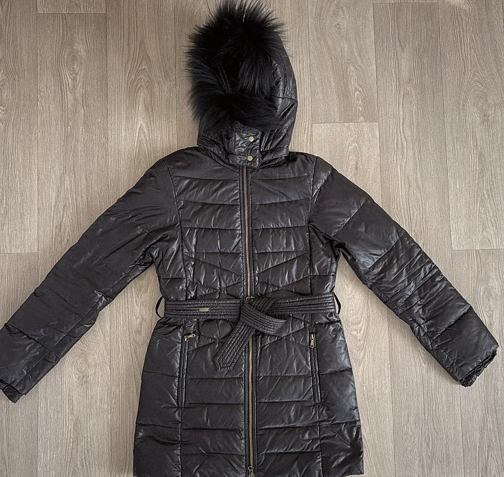 Strenesse Blue, Daunenjacke / Mantel, Kapuze, Schwarz, Echt Pelz Kragen, Gr. 34